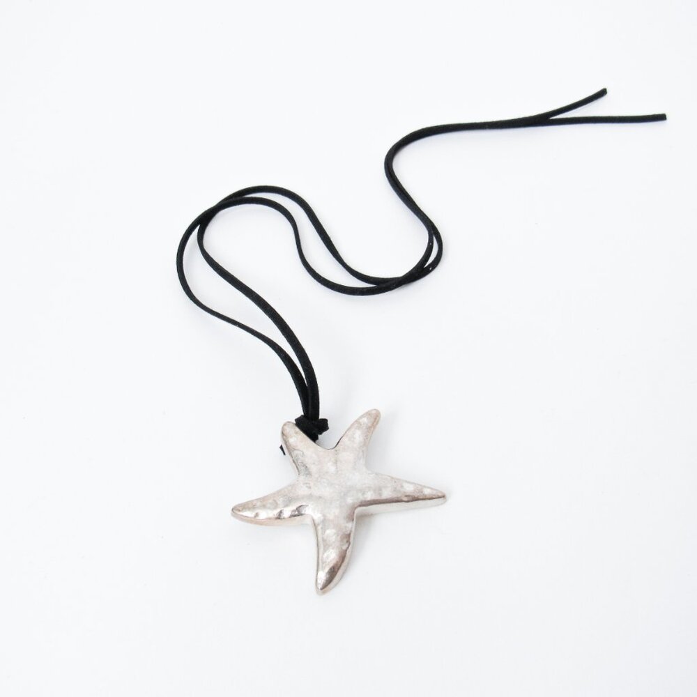 VINTAGE SILVER STAR METAL PENDANT NECKLACE Black Leather Lace Summer Jewelry - Picture 6 of 7